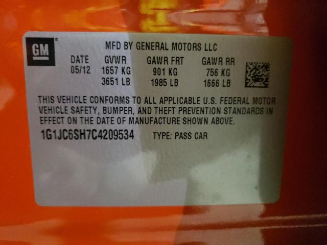 Photo 10 from auction – 2012 CHEVROLET SONIC LT with VIN 1G1JC6SH7C4209534