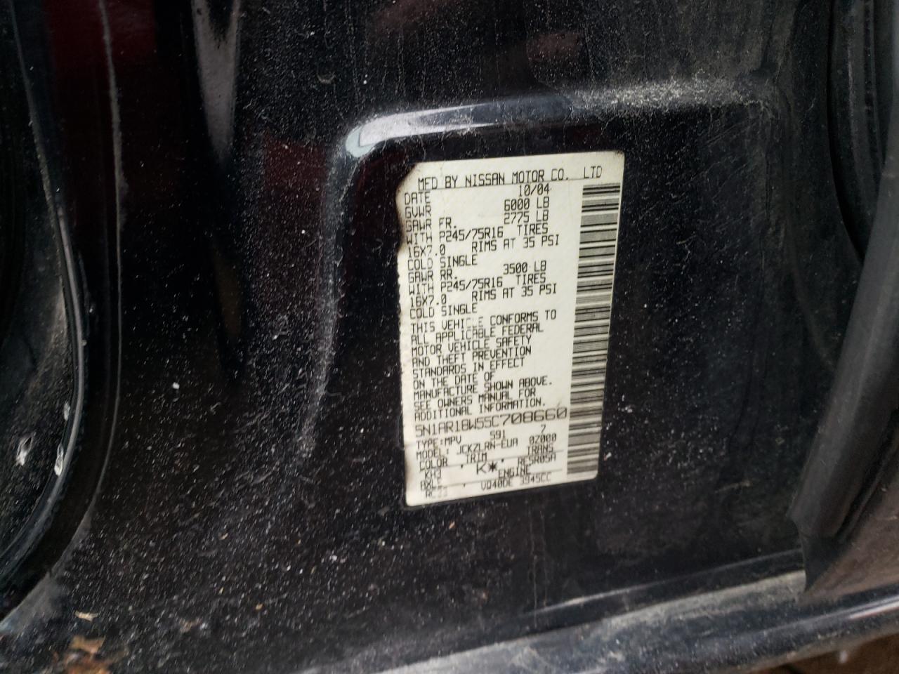 Photo 10 from auction – 2005 NISSAN PATHFINDER with VIN 5N1AR18W55C708660