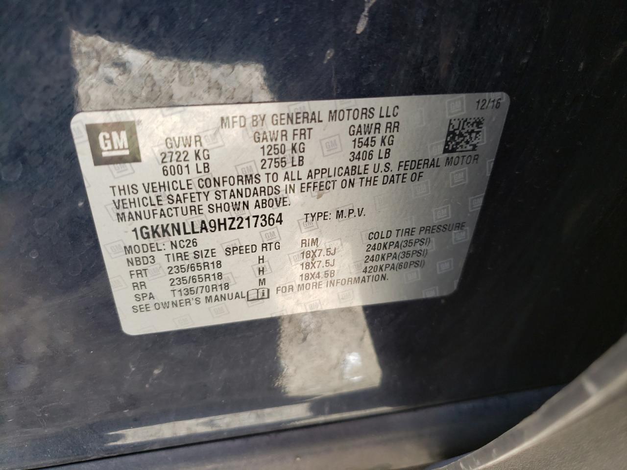 Photo 10 from auction – 2017 GMC ACADIA SLE with VIN 1GKKNLLA9HZ217364