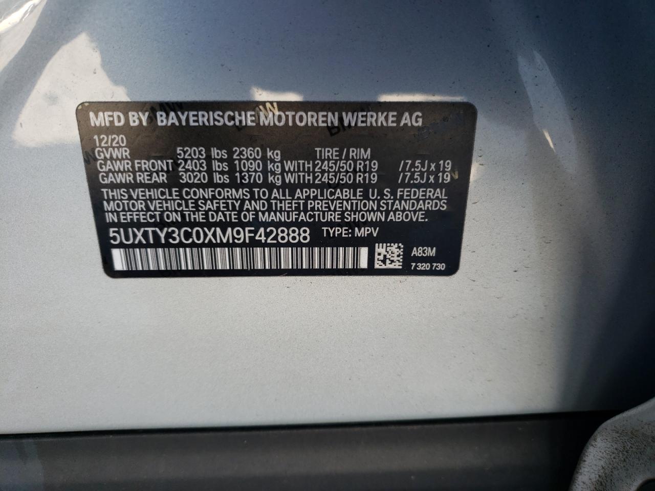 Photo 10 from auction – 2021 BMW X3 with VIN 5UXTY3C0XM9F42888