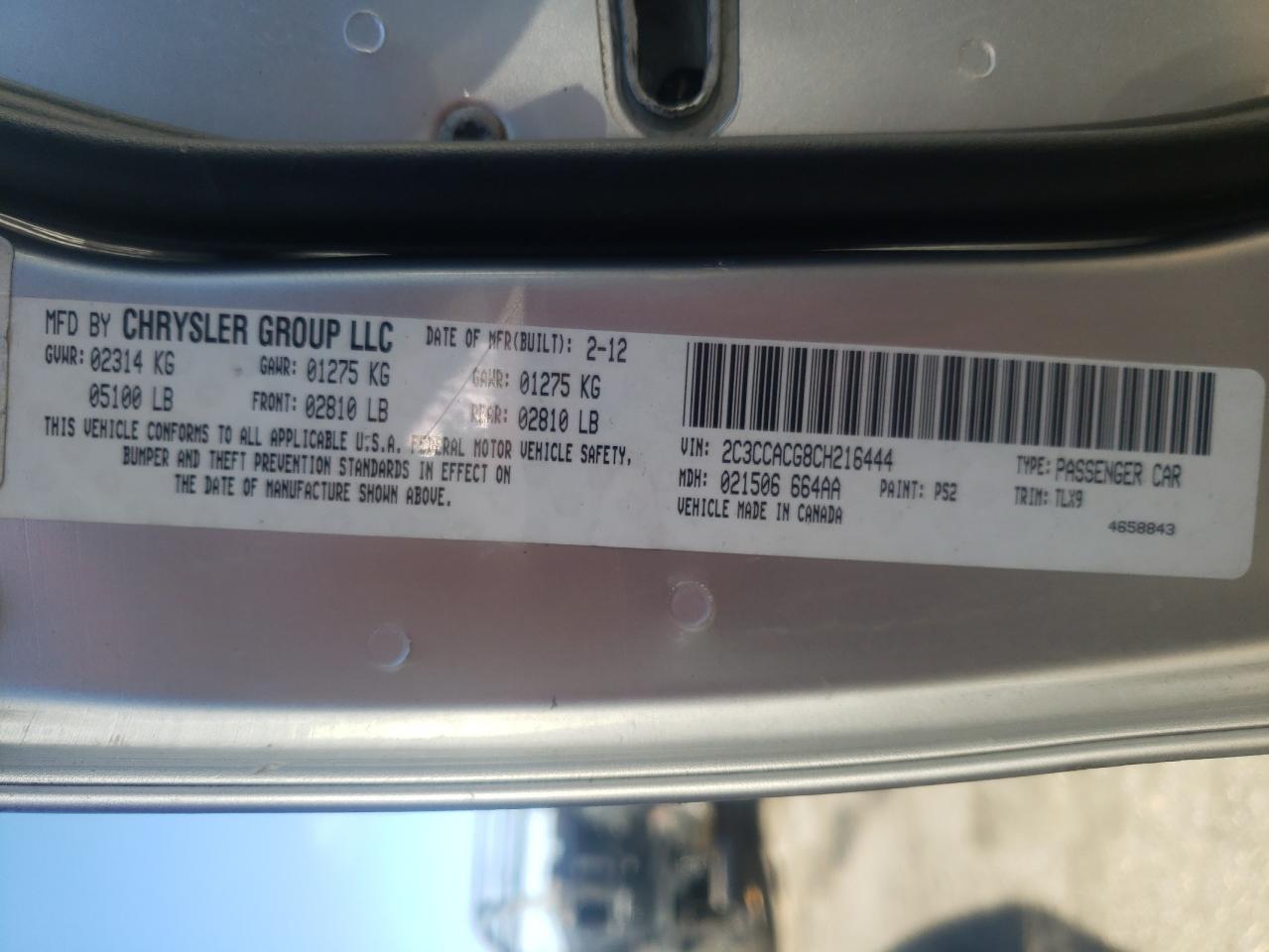 Photo 10 from auction – 2012 CHRYSLER 300 LIMITE with VIN 2C3CCACG8CH216444