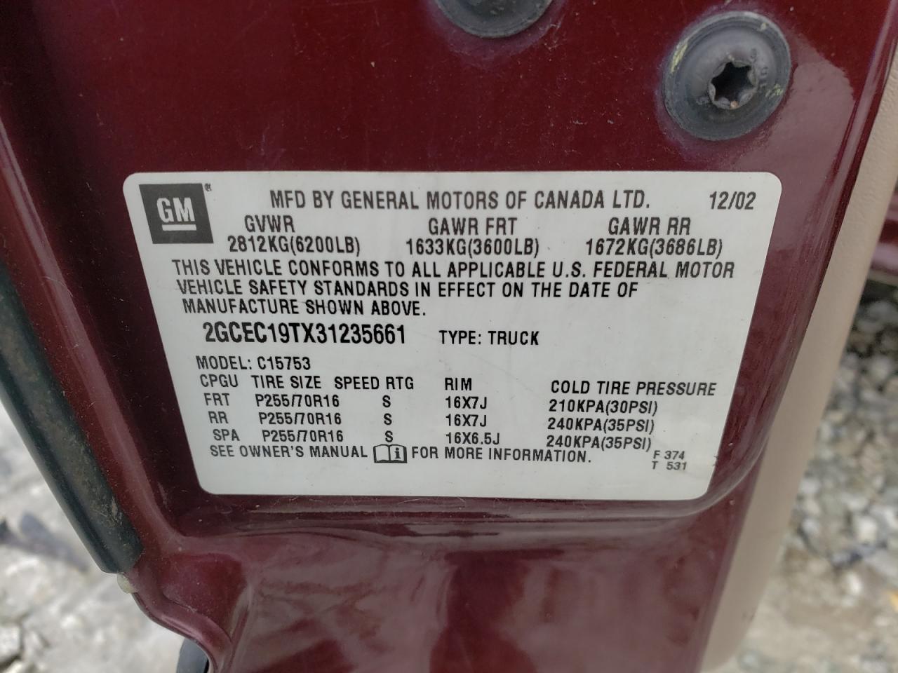 Photo 10 from auction – 2003 CHEVROLET SILVERADO with VIN 2GCEC19TX31235661