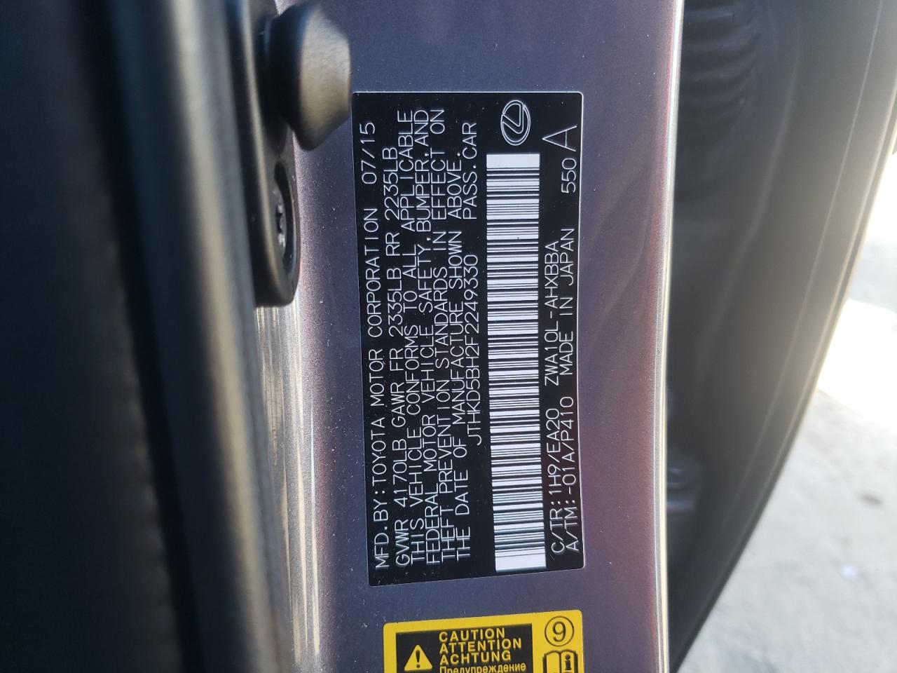 Photo 10 from auction – 2015 LEXUS CT 200 with VIN JTHKD5BH2F2249330