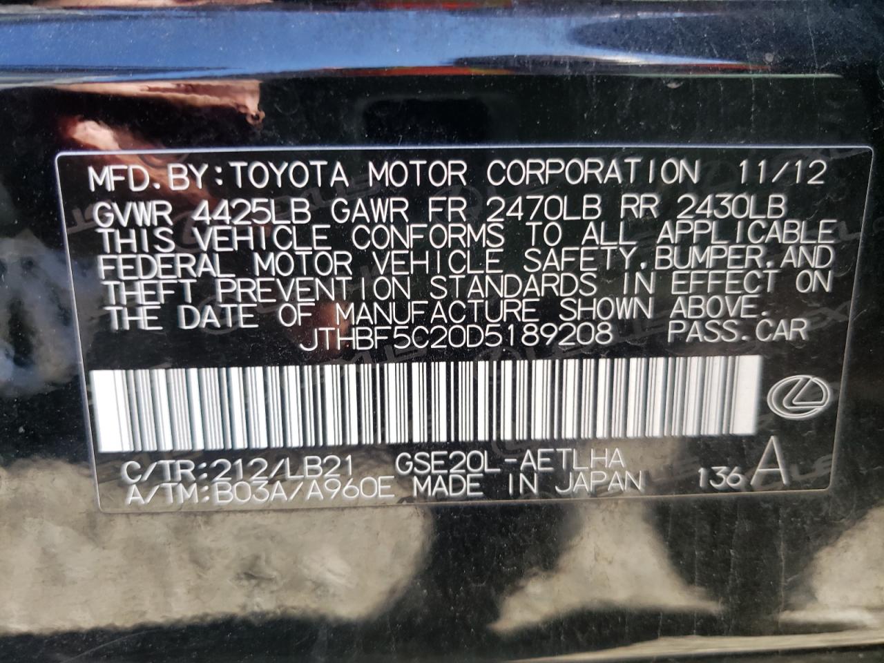 Photo 10 from auction – 2013 LEXUS IS 250 with VIN JTHBF5C20D5189208