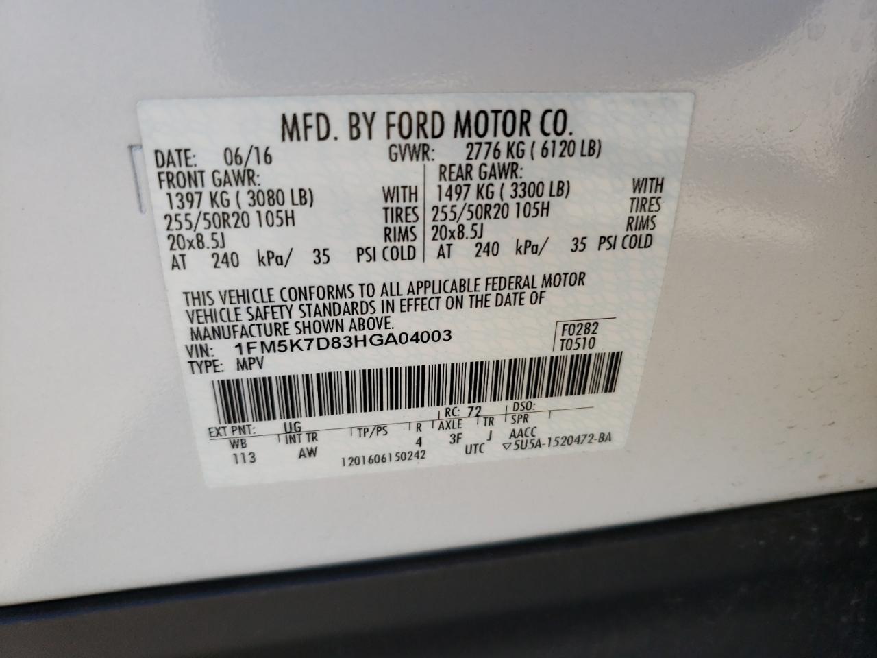 Photo 10 from auction – 2017 FORD EXPLORER X with VIN 1FM5K7D83HGA04003