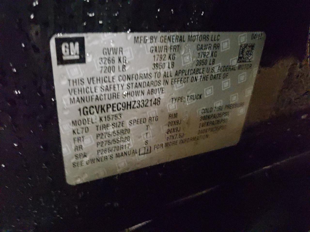 Photo 10 from auction – 2017 CHEVROLET SILVERADO with VIN 1GCVKPEC9HZ332148