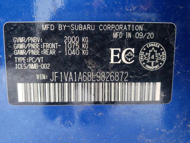 Photo 10 from auction – 2020 SUBARU WRX with VIN JF1VA1A68L9826872