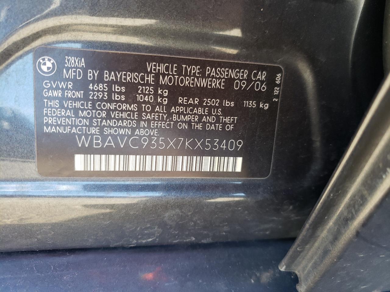 Photo 10 from auction – 2007 BMW 328 XI with VIN WBAVC935X7KX53409