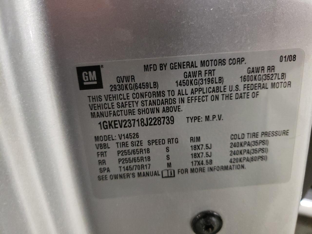 Photo 10 from auction – 2008 GMC ACADIA SLT with VIN 1GKEV23718J228739
