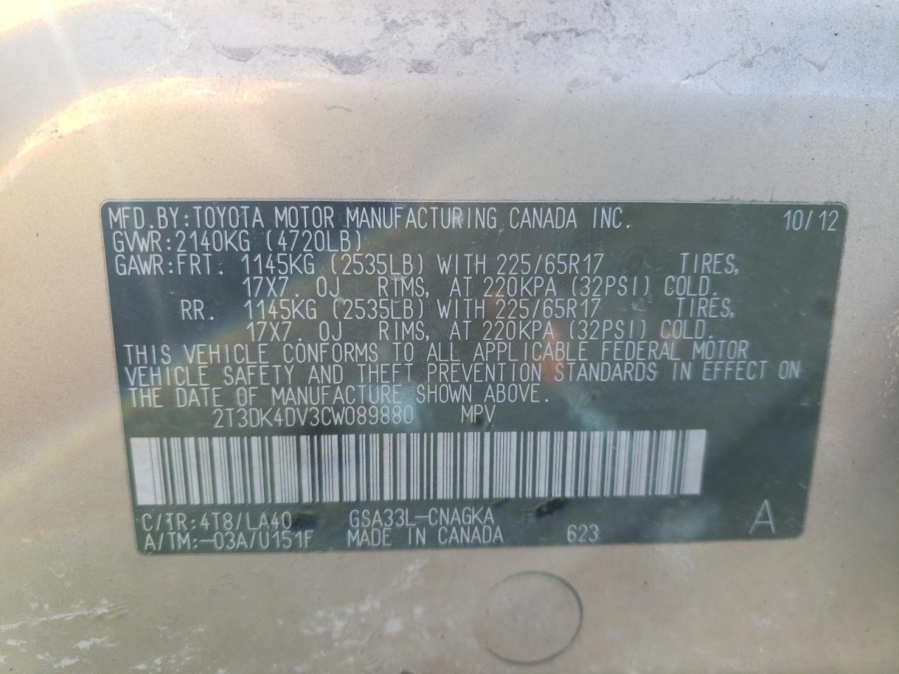 Photo 10 from auction – 2012 TOYOTA RAV4 LIMIT with VIN 2T3DK4DV3CW089880
