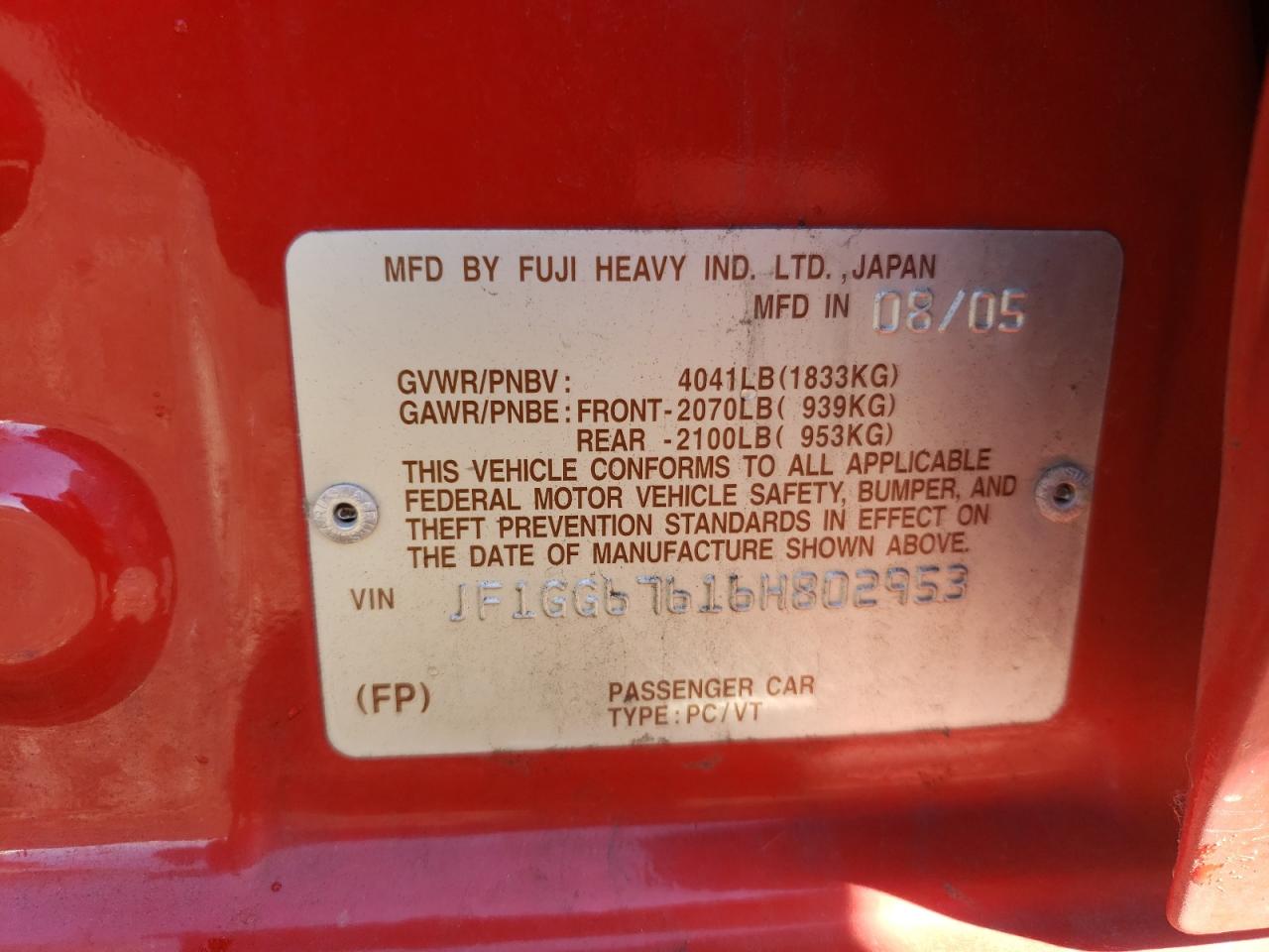 Photo 10 from auction – 2006 SUBARU IMPREZA 2. with VIN JF1GG67616H802953