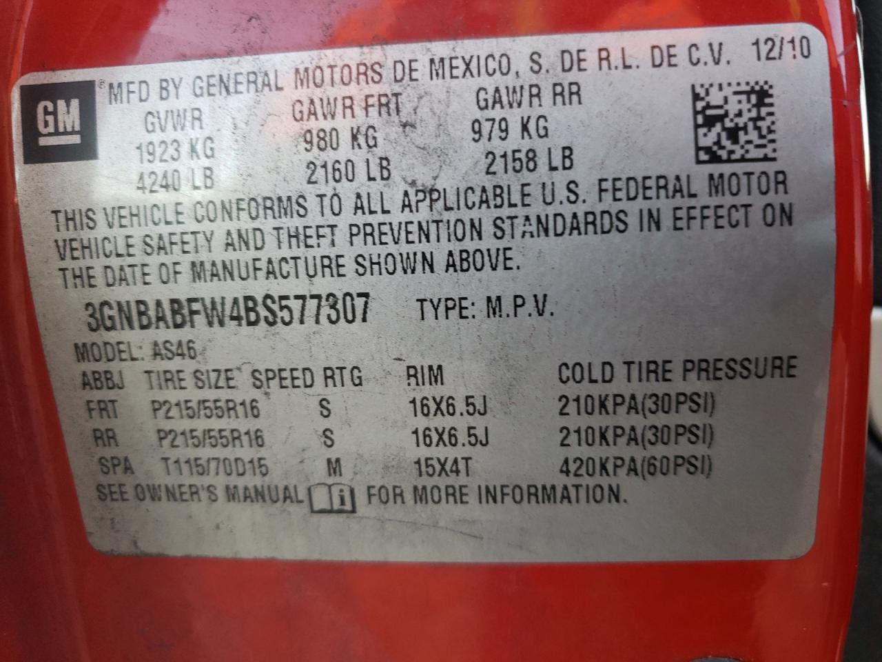 Foto 10 de la subasta – 2011 CHEVROLET HHR LT con VIN 3GNBABFW4BS577307
