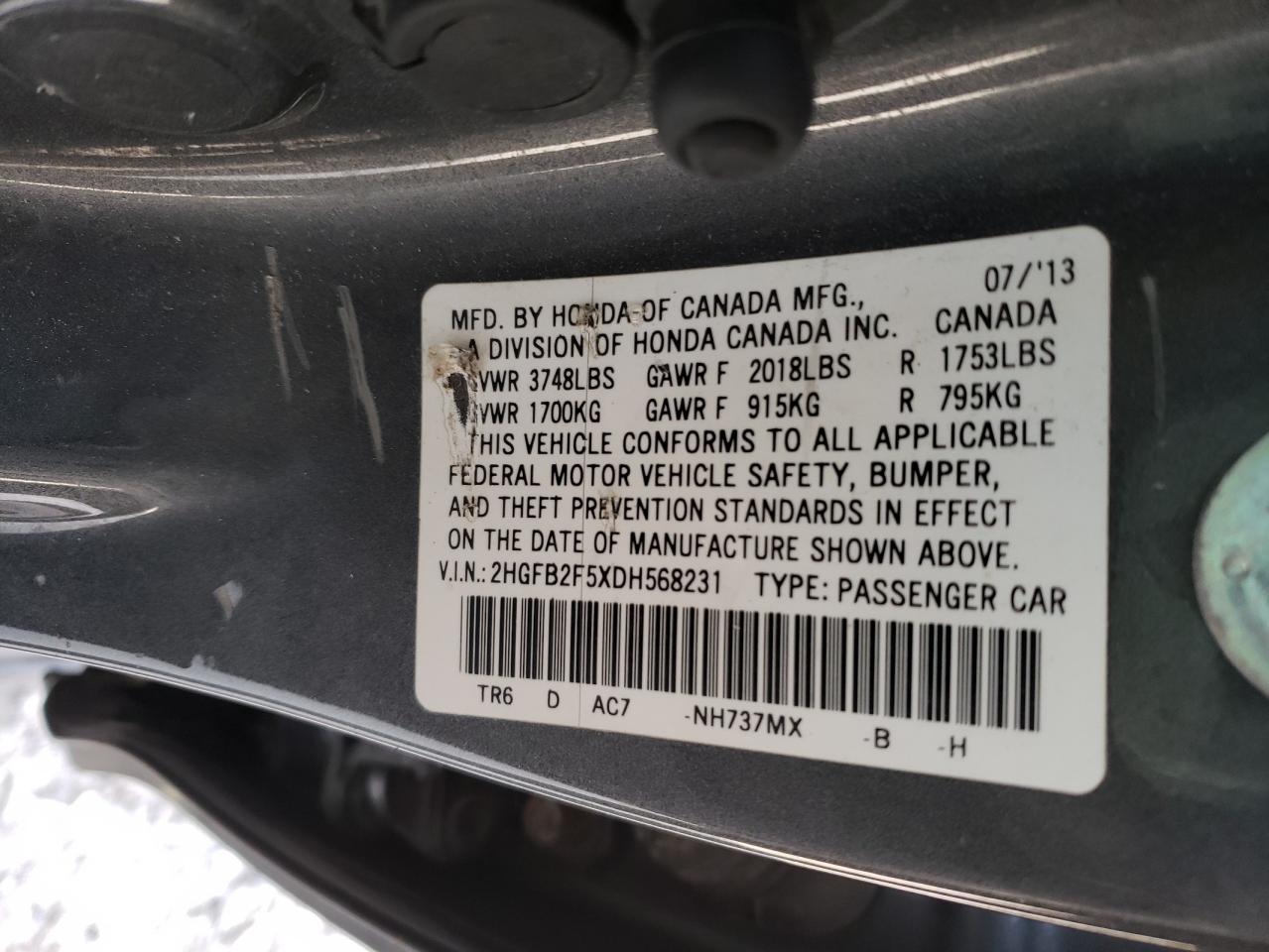 Photo 10 from auction – 2013 HONDA CIVIC LX with VIN 2HGFB2F5XDH568231