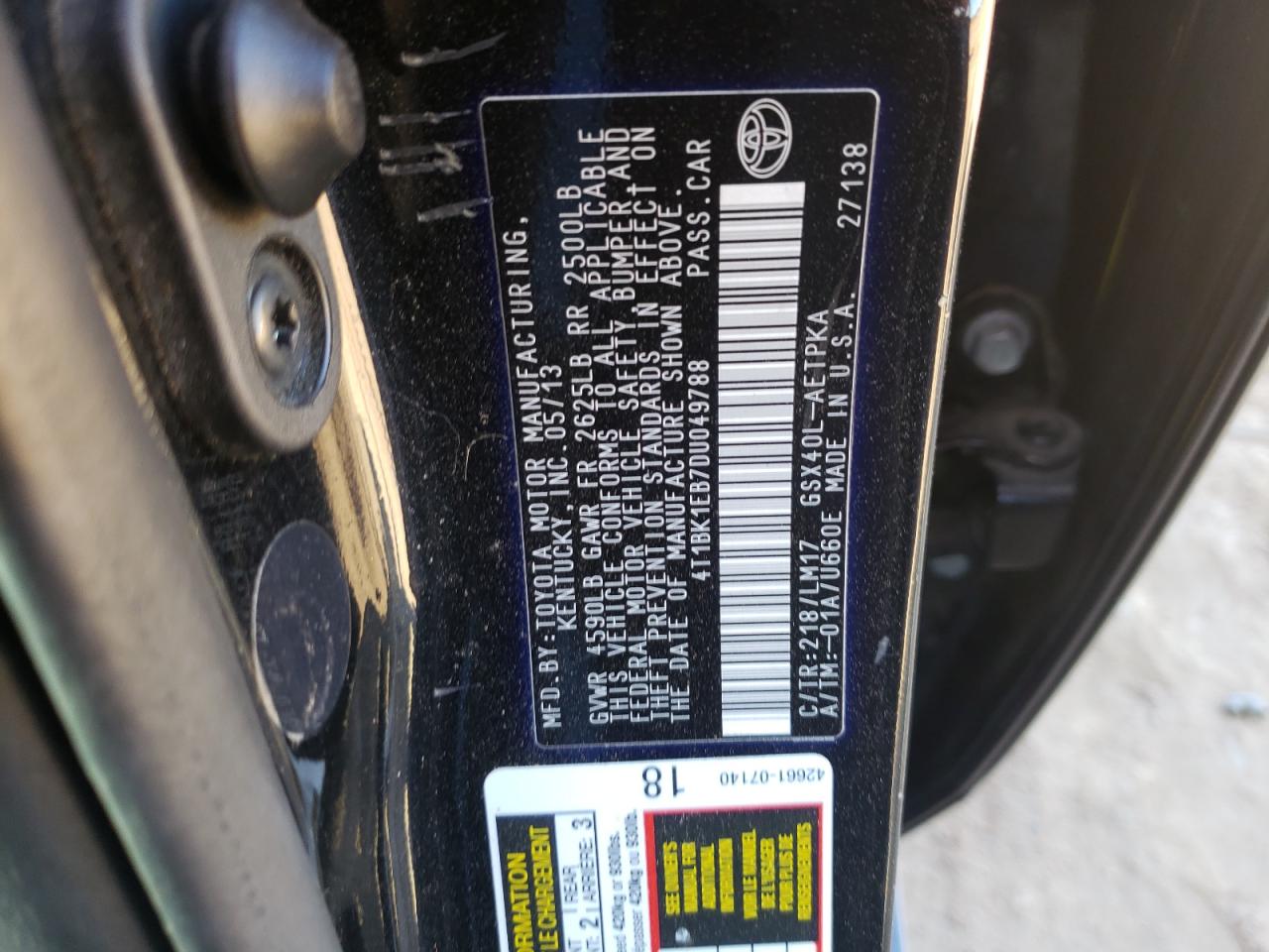 Photo 10 from auction – 2013 TOYOTA AVALON BAS with VIN 4T1BK1EB7DU049788
