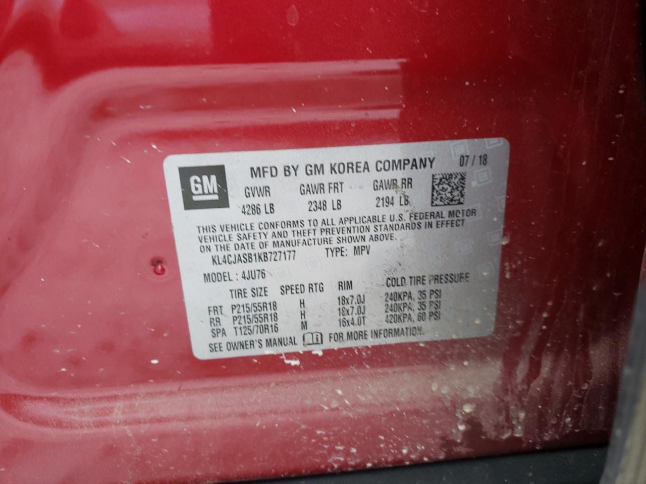 Photo 10 from auction – 2019 BUICK ENCORE PRE with VIN KL4CJASB1KB727177