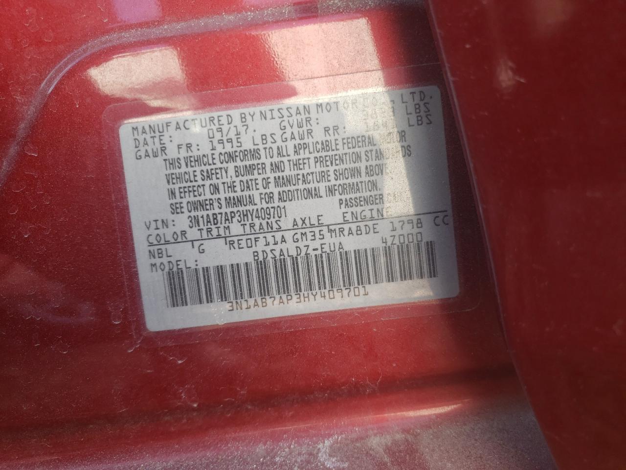 Photo 10 from auction – 2017 NISSAN SENTRA S with VIN 3N1AB7AP3HY409701
