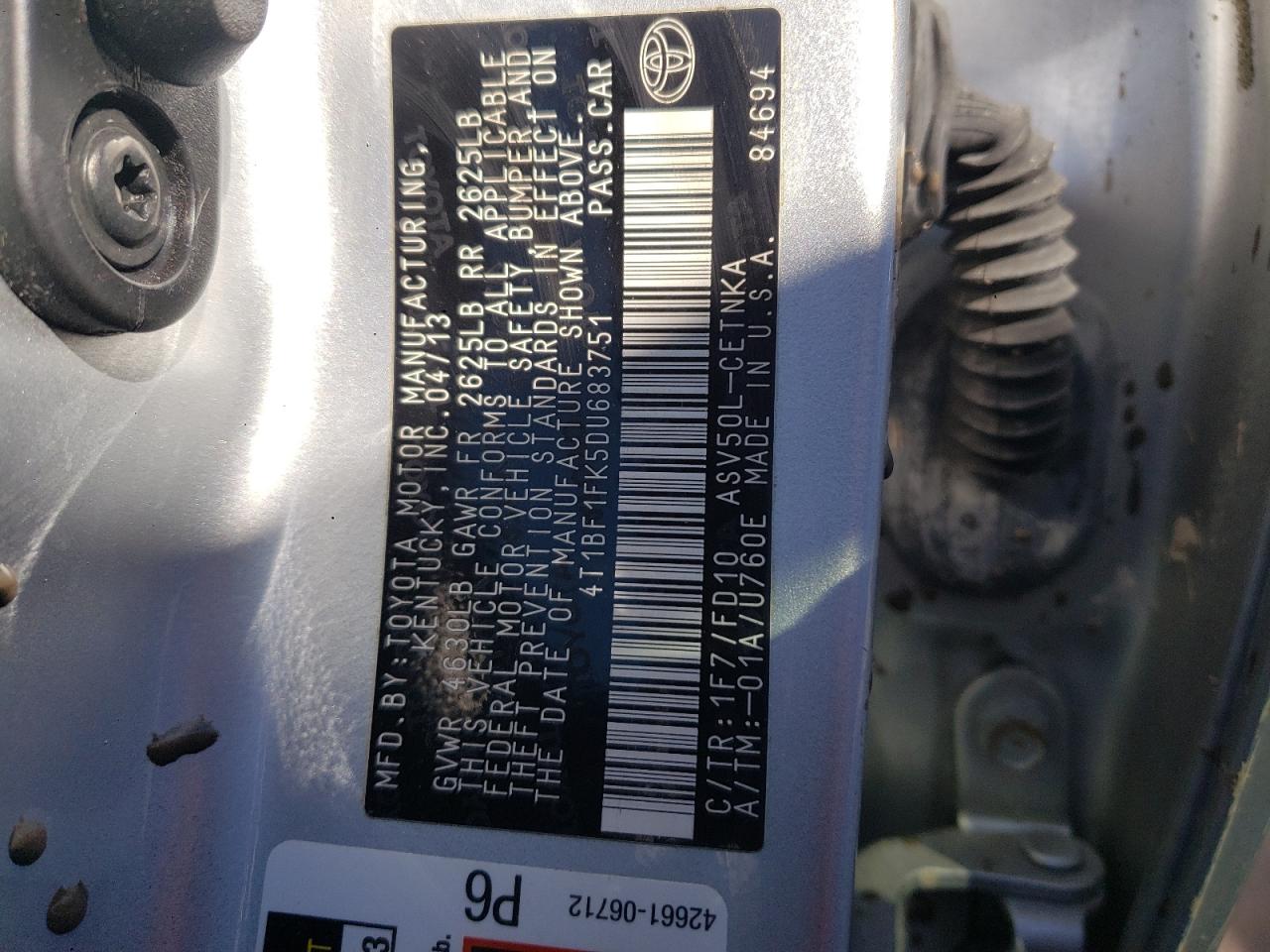 Photo 10 from auction – 2013 TOYOTA CAMRY L with VIN 4T1BF1FK5DU683751