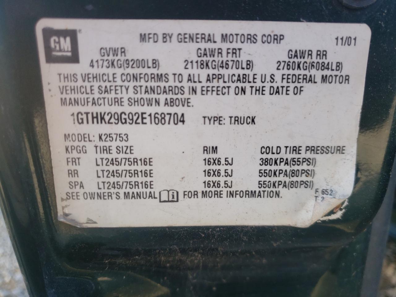 Photo 10 from auction – 2002 GMC SIERRA K25 with VIN 1GTHK29G92E168704