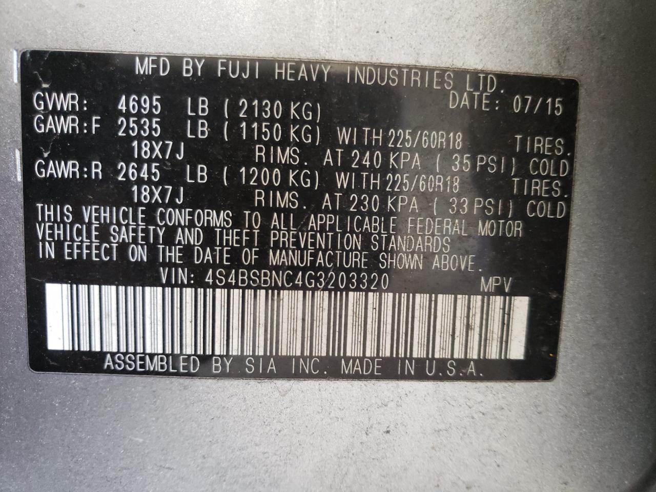 Photo 10 from auction – 2016 SUBARU OUTBACK 2. with VIN 4S4BSBNC4G3203320