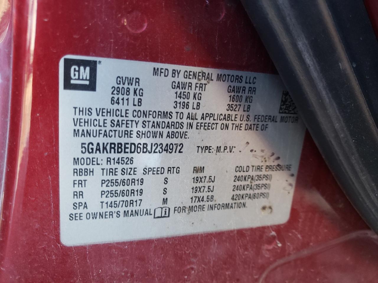 Photo 10 from auction – 2011 BUICK ENCLAVE CX with VIN 5GAKRBED6BJ234972