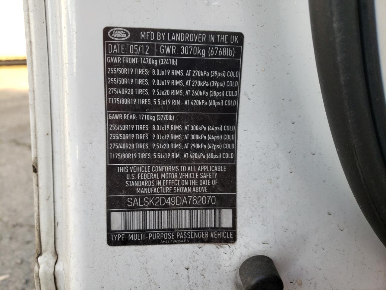 Photo 10 from auction – 2013 LAND ROVER RANGE ROVE with VIN SALSK2D49DA762070