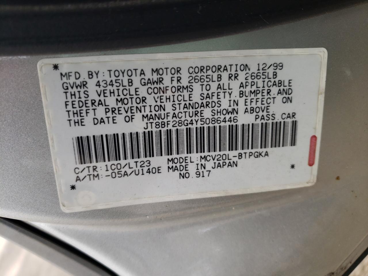 Photo 10 from auction – 2000 LEXUS ES 300 with VIN JT8BF28G4Y5086446