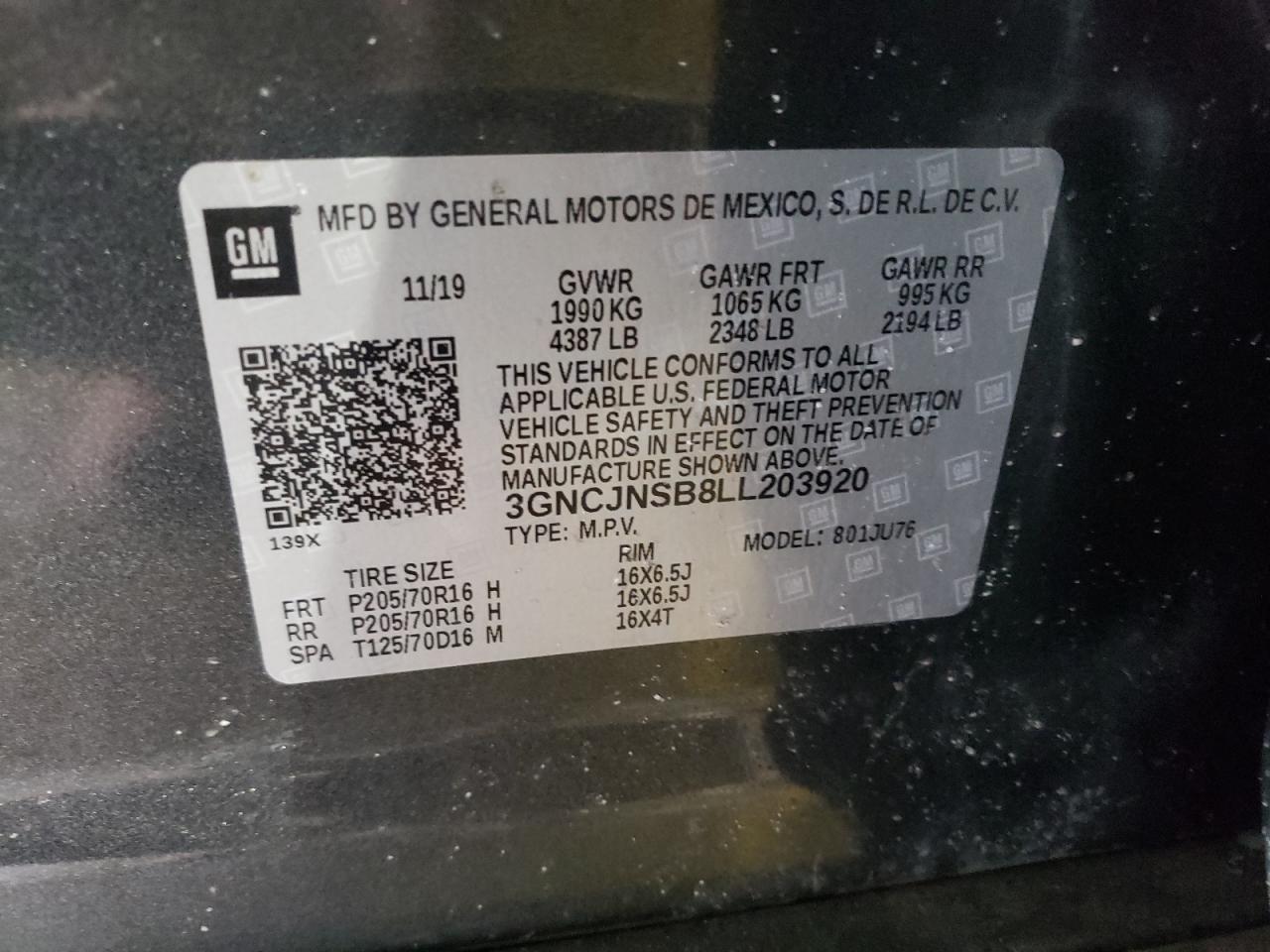 Photo 10 from auction – 2020 CHEVROLET TRAX LS with VIN 3GNCJNSB8LL203920