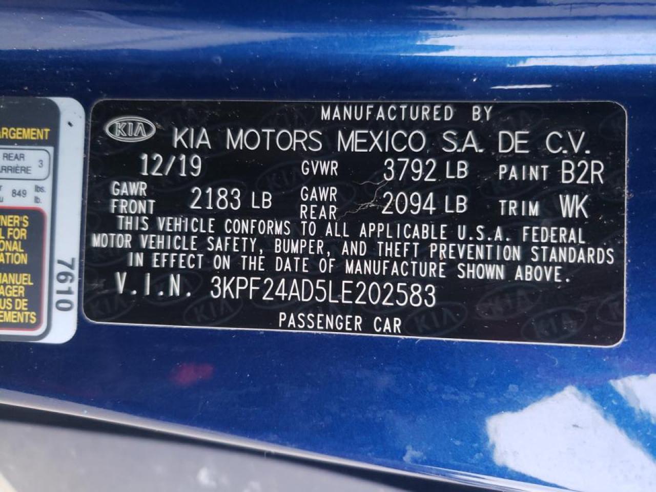 Photo 10 from auction – 2020 KIA FORTE FE with VIN 3KPF24AD5LE202583