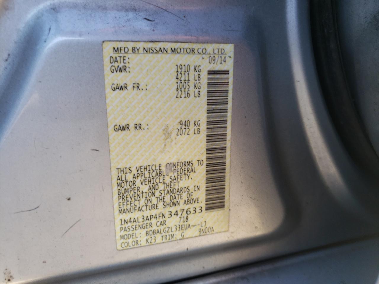 Photo 10 from auction – 2015 NISSAN ALTIMA 2.5 with VIN 1N4AL3AP4FN347633