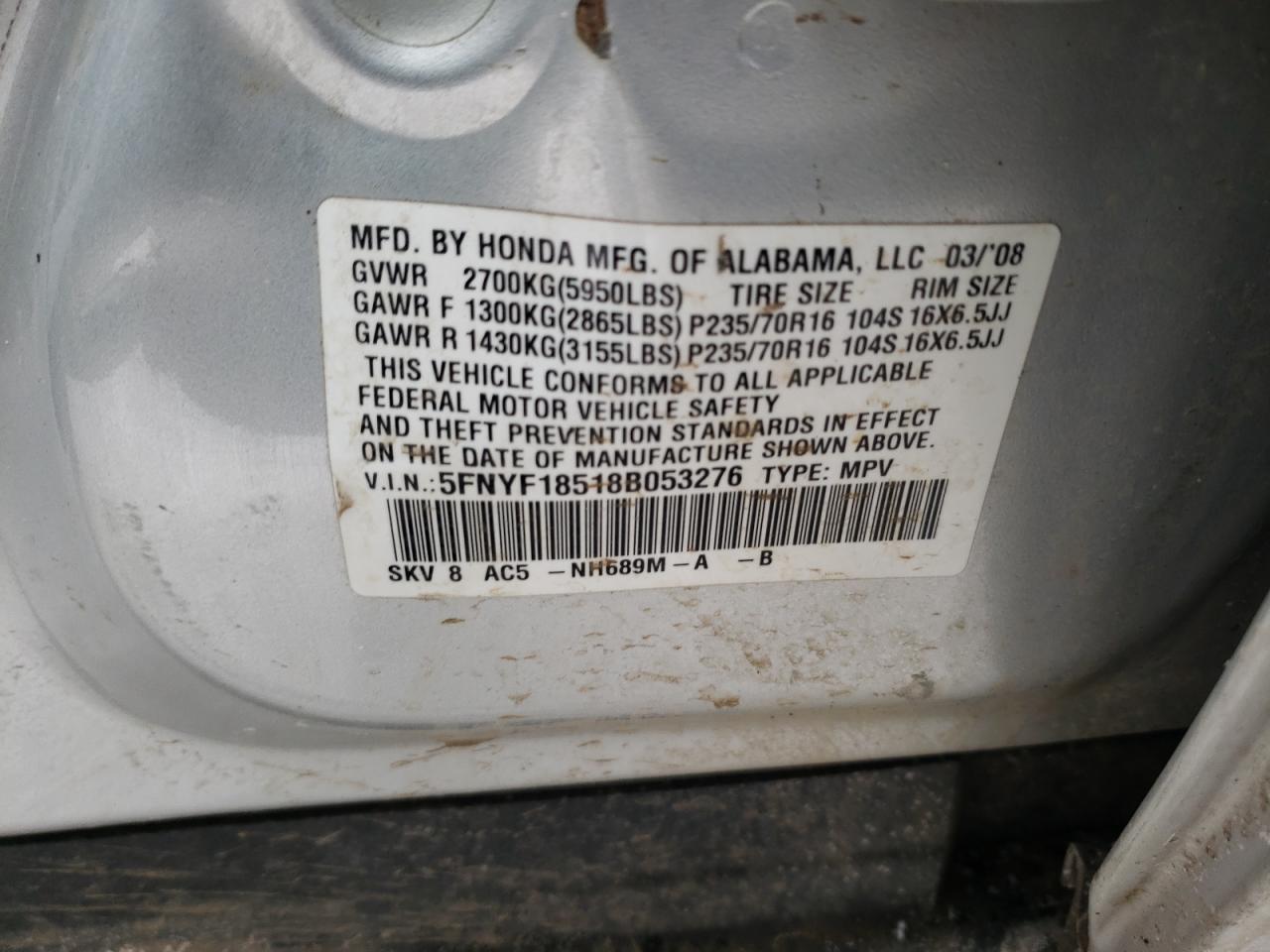 Photo 10 from auction – 2008 HONDA PILOT EXL with VIN 5FNYF18518B053276