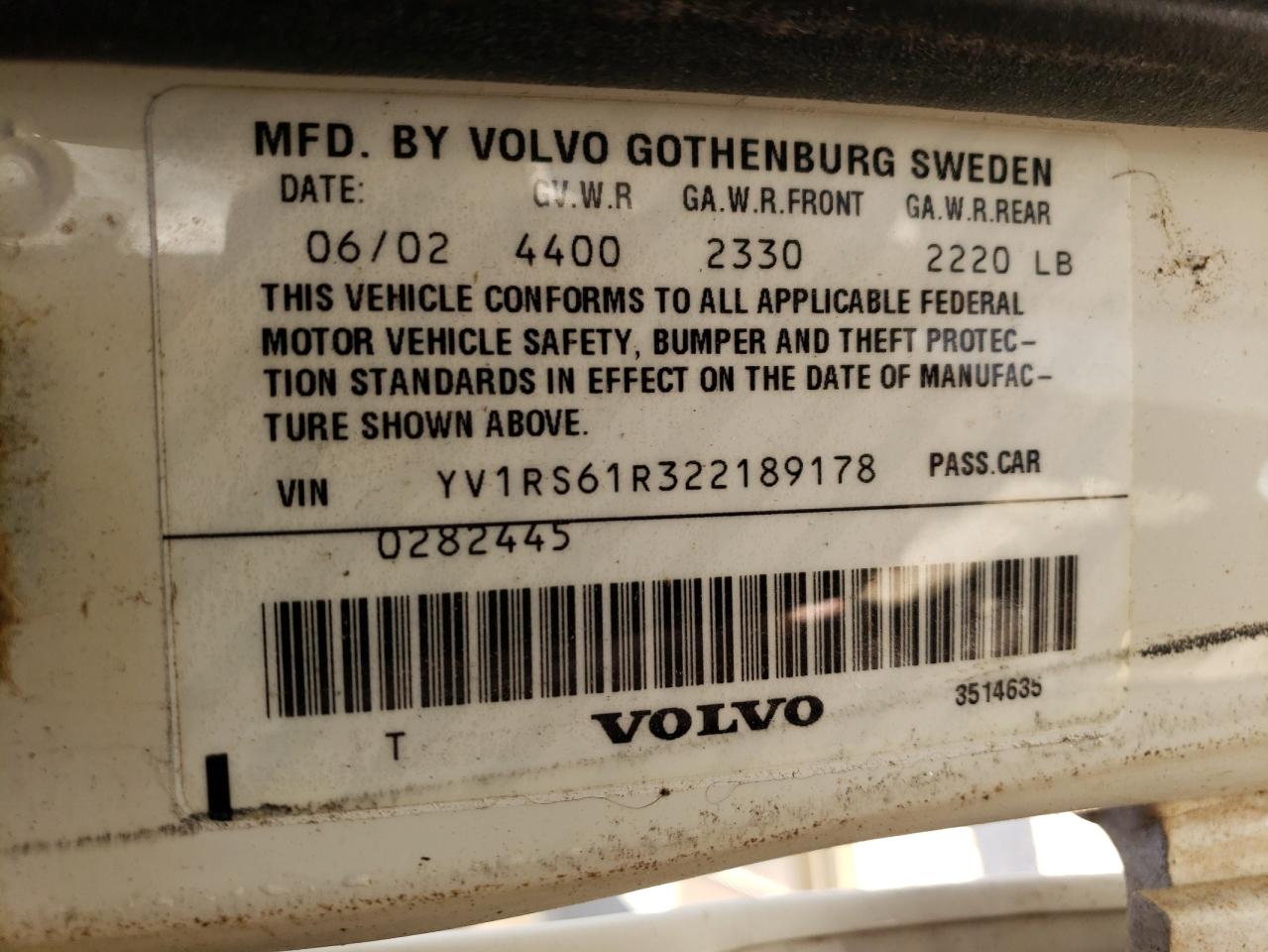Photo 10 from auction – 2002 VOLVO S60 with VIN YV1RS61R322189178