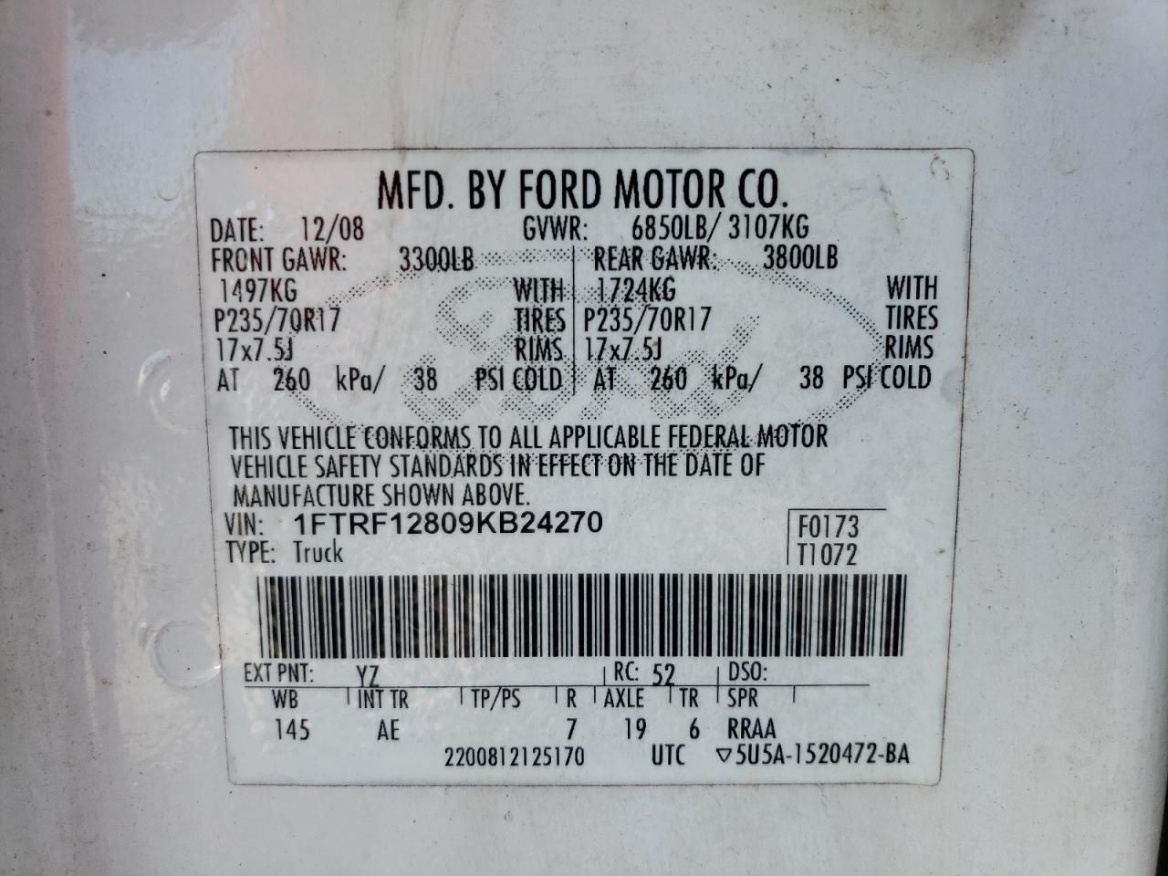 Photo 10 from auction – 2009 FORD F150 with VIN 1FTRF12809KB24270