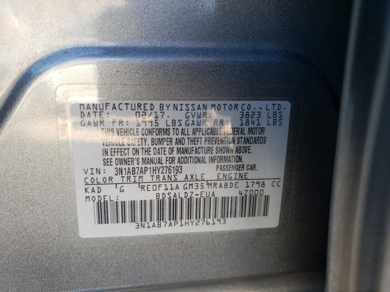 Photo 10 from auction – 2017 NISSAN SENTRA S with VIN 3N1AB7AP1HY276193