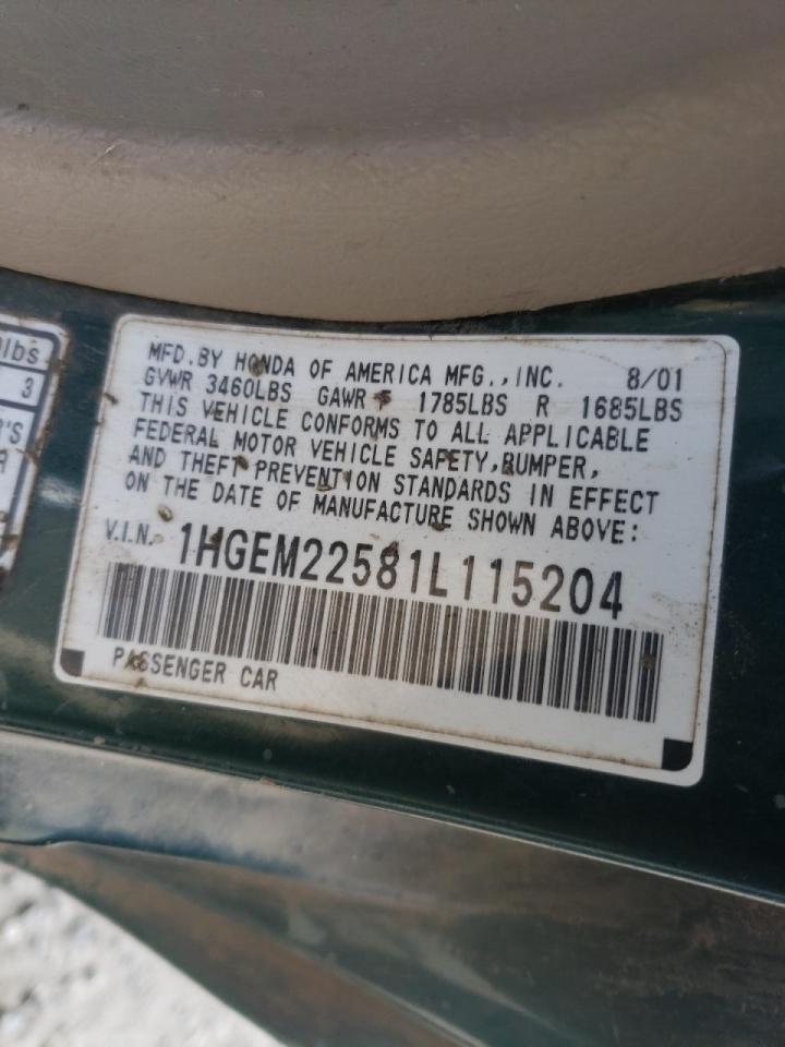 Photo 10 from auction – 2001 HONDA CIVIC LX with VIN 1HGEM22581L115204