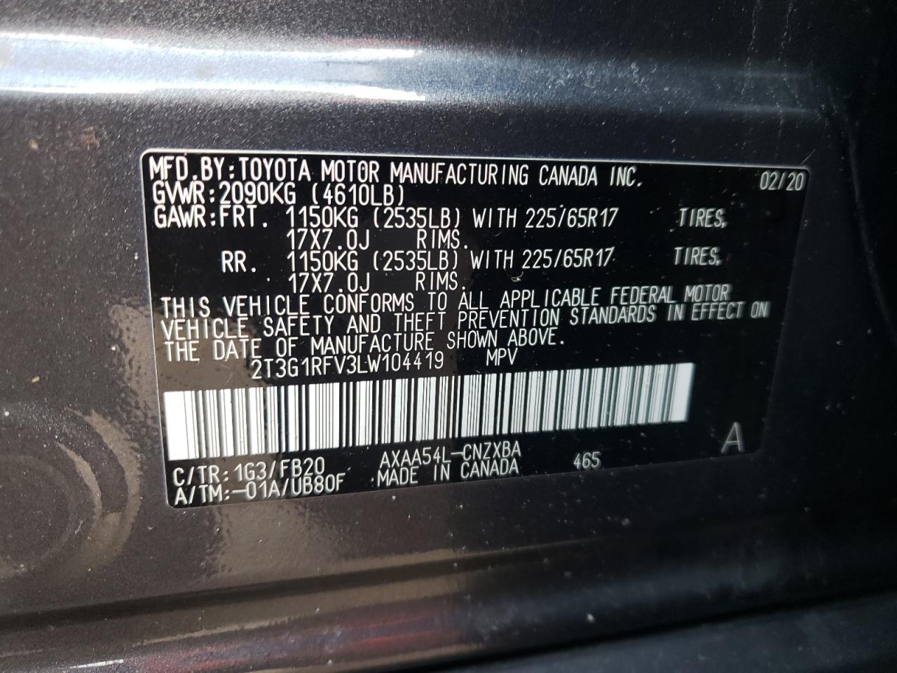 Photo 10 from auction – 2020 TOYOTA RAV4 LE with VIN 2T3G1RFV3LW104419