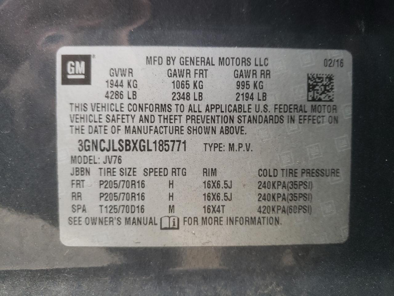 Photo 10 from auction – 2016 CHEVROLET TRAX 1LT with VIN 3GNCJLSBXGL185771