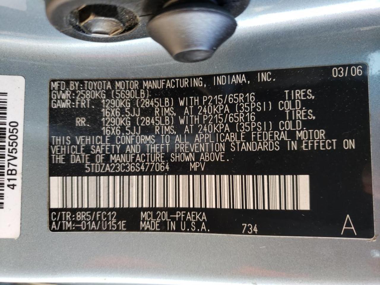 Photo 10 from auction – 2006 TOYOTA SIENNA with VIN 5TDZA23C36S477064