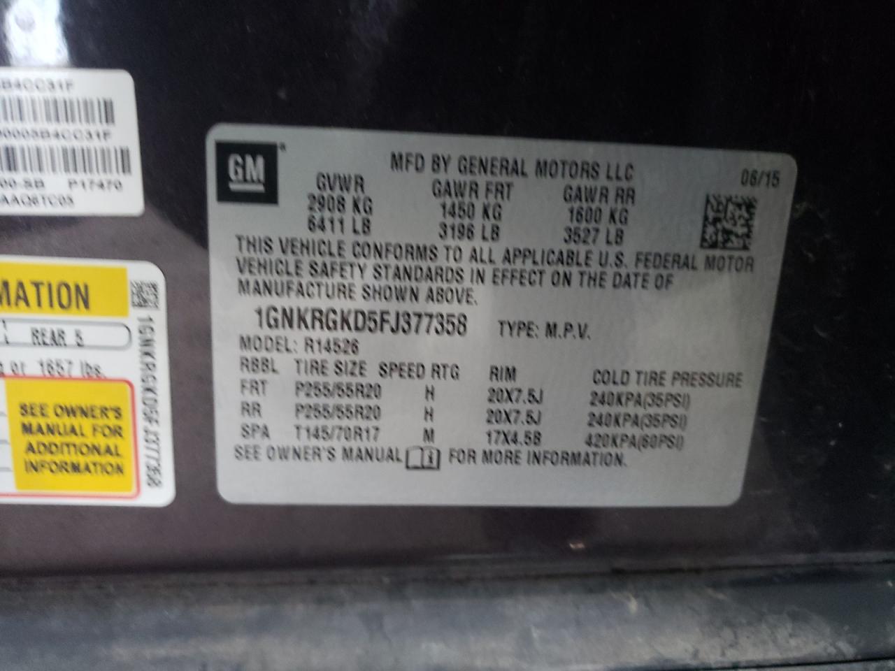 Photo 10 from auction – 2015 CHEVROLET TRAVERSE L with VIN 1GNKRGKD5FJ377358