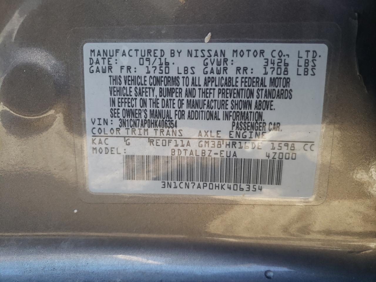 Photo 10 from auction – 2017 NISSAN VERSA S with VIN 3N1CN7AP0HK406354