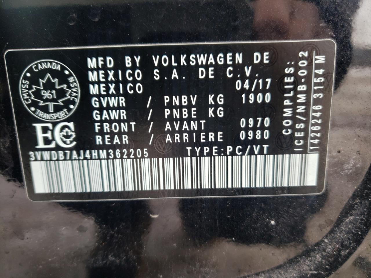 Photo 10 from auction – 2017 VOLKSWAGEN JETTA SE with VIN 3VWDB7AJ4HM362205