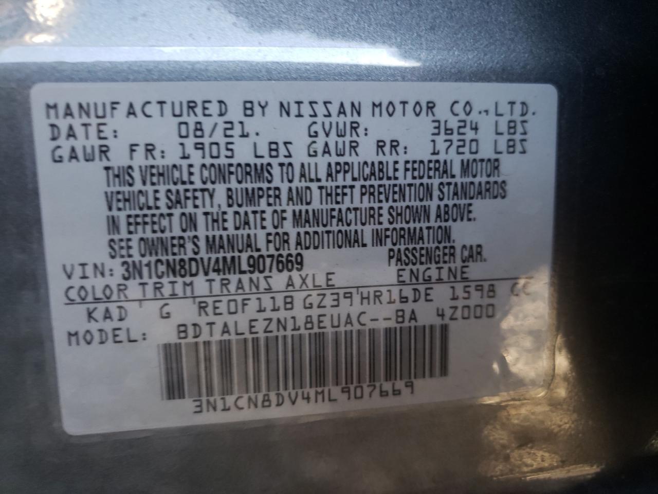 Photo 10 from auction – 2021 NISSAN VERSA S with VIN 3N1CN8DV4ML907669