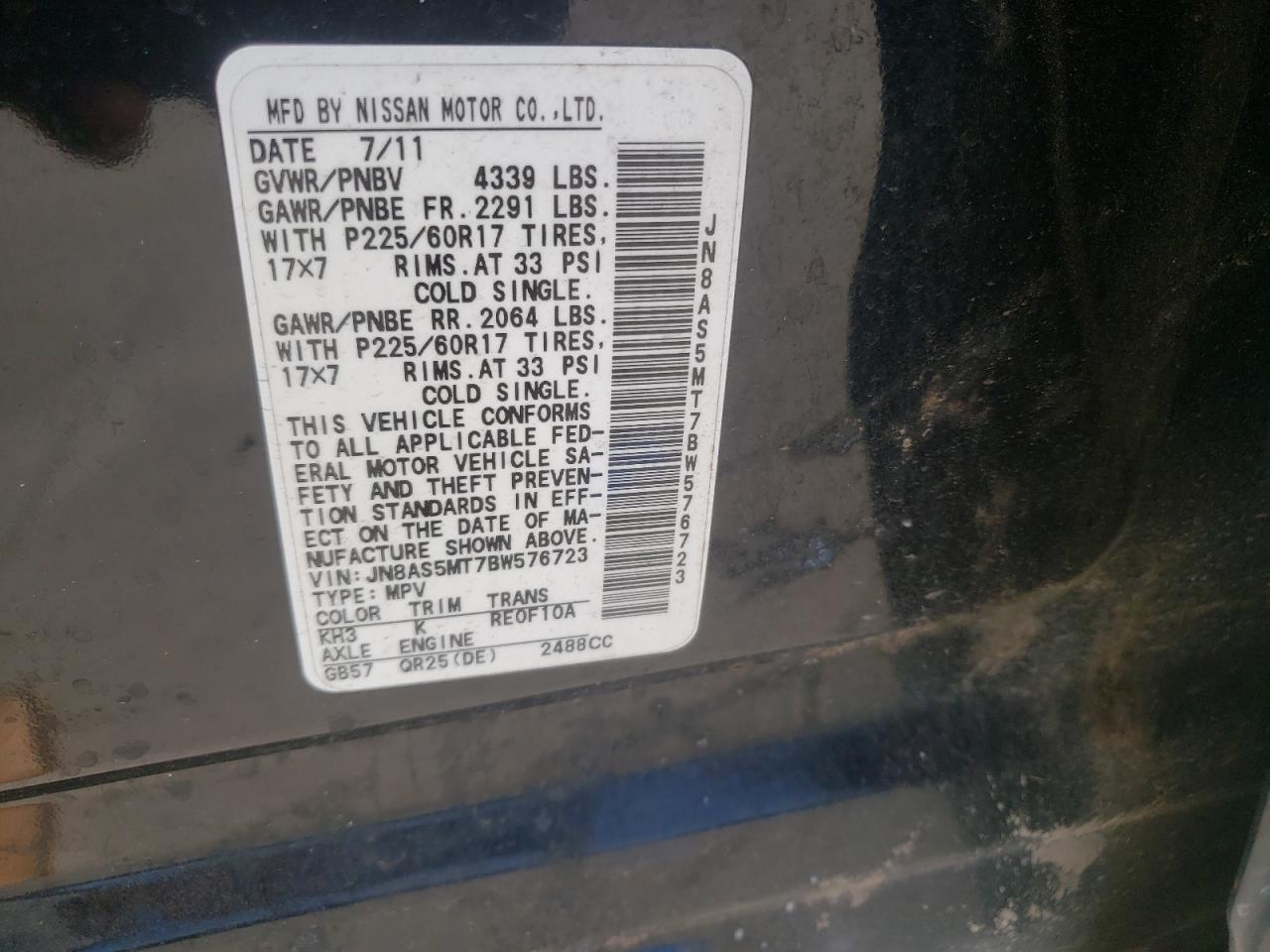 Photo 10 from auction – 2011 NISSAN ROGUE S with VIN JN8AS5MT7BW576723