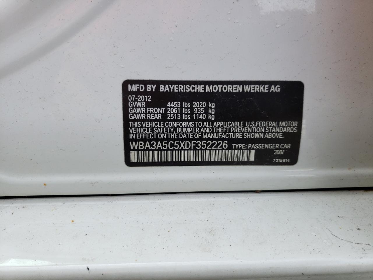 Photo 10 from auction – 2013 BMW 328 I with VIN WBA3A5C5XDF352226