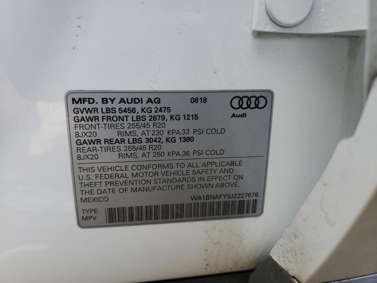 Photo 10 from auction – 2018 AUDI Q5 PREMIUM with VIN WA1BNAFY3J2227678