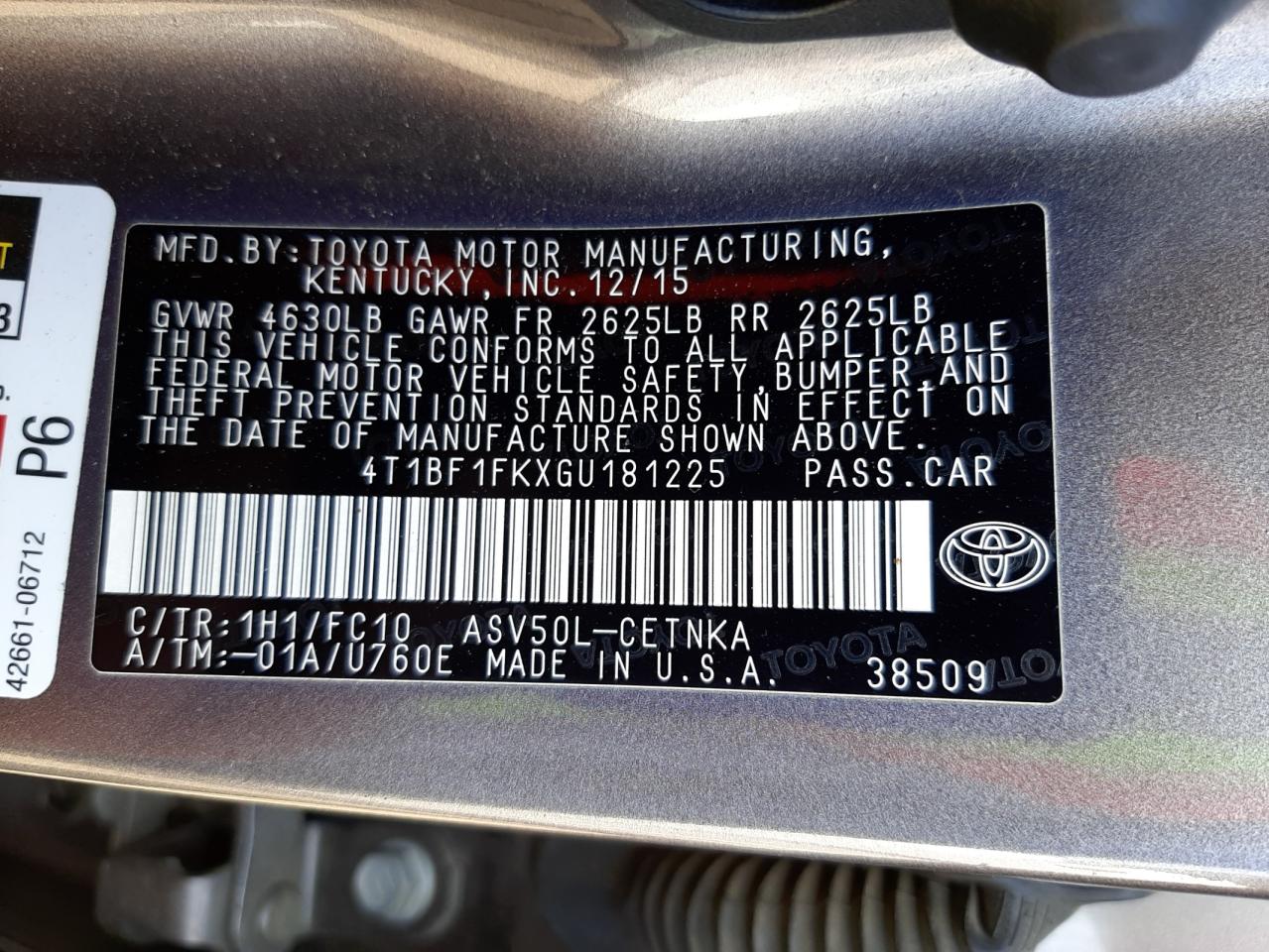 Photo 10 from auction – 2016 TOYOTA CAMRY LE with VIN 4T1BF1FKXGU181225