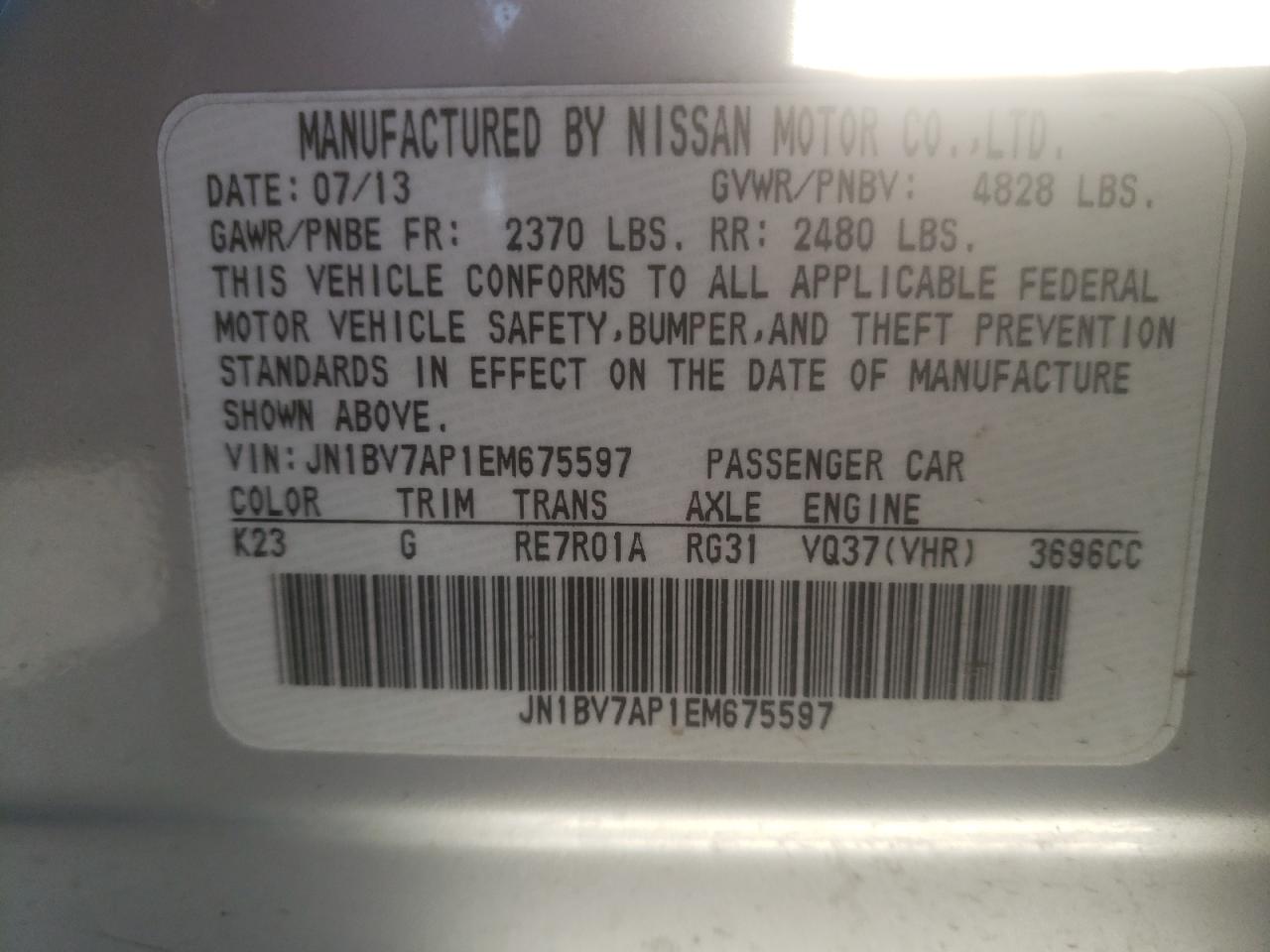 Photo 10 from auction – 2014 INFINITI Q50 BASE with VIN JN1BV7AP1EM675597