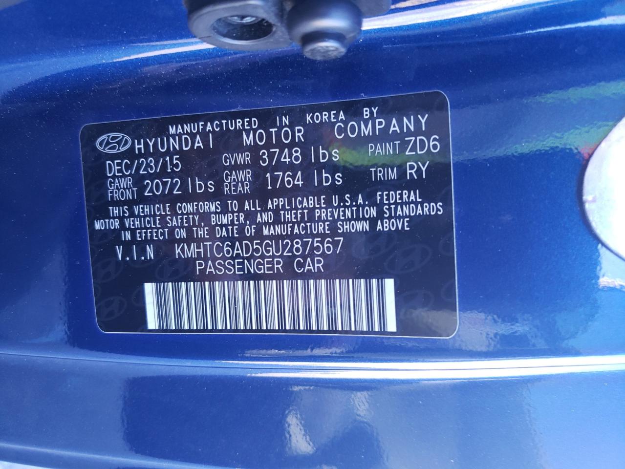 Photo 10 from auction – 2016 HYUNDAI VELOSTER with VIN KMHTC6AD5GU287567