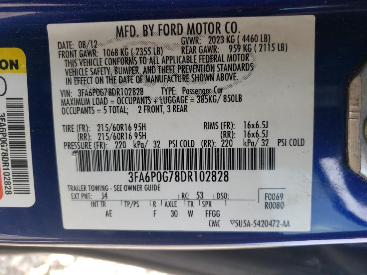 Photo 10 from auction – 2013 FORD FUSION S with VIN 3FA6P0G78DR102828