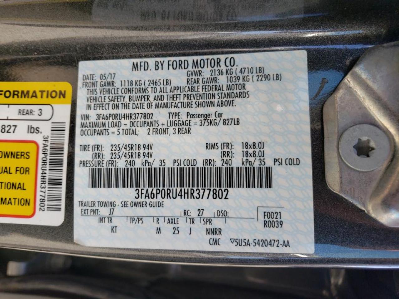 Photo 10 from auction – 2017 FORD FUSION TIT with VIN 3FA6P0RU4HR377802