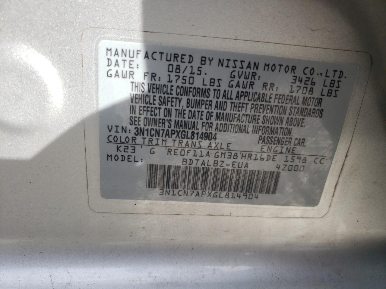 Photo 10 from auction – 2016 NISSAN VERSA S with VIN 3N1CN7APXGL814904